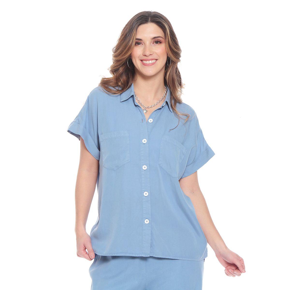 Blusa Manga Corta Solida Cuello Camisero Bolsillo Delantero-0