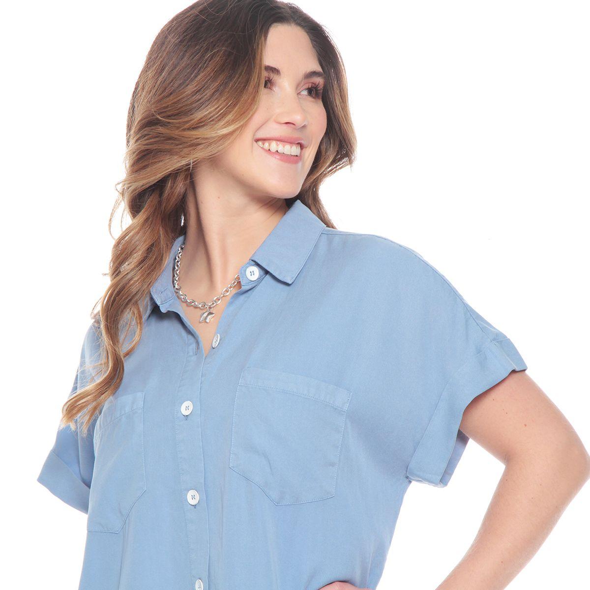 Blusa Manga Corta Solida Cuello Camisero Bolsillo Delantero-1