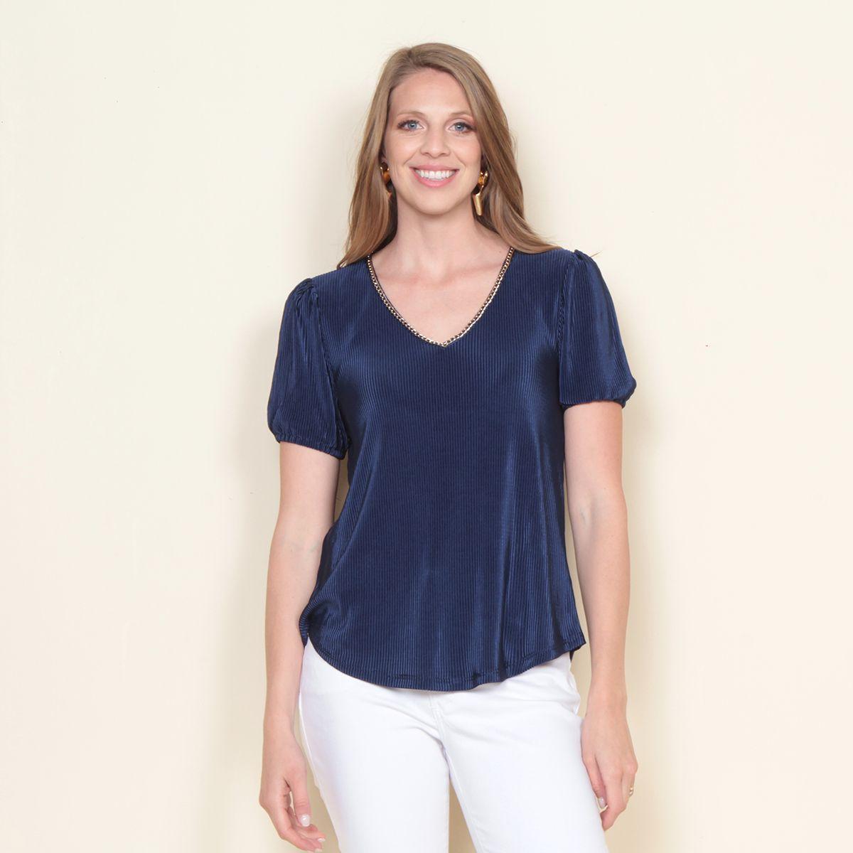 Blusa Plisada Manga Corta  Escote V-0