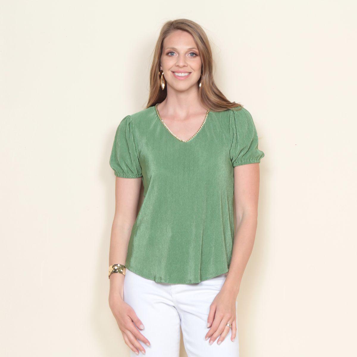Blusa Plisada Manga Corta  Escote V-0
