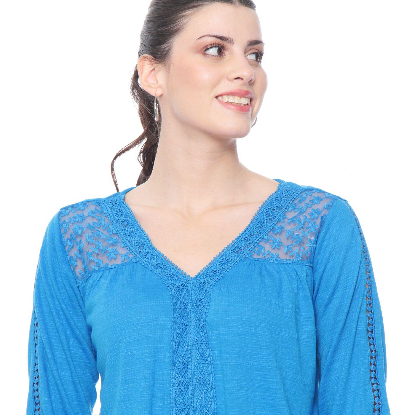 Blusa Manga Larga Solida Con Aplicacion E Brodery En Escote Y Manga-2