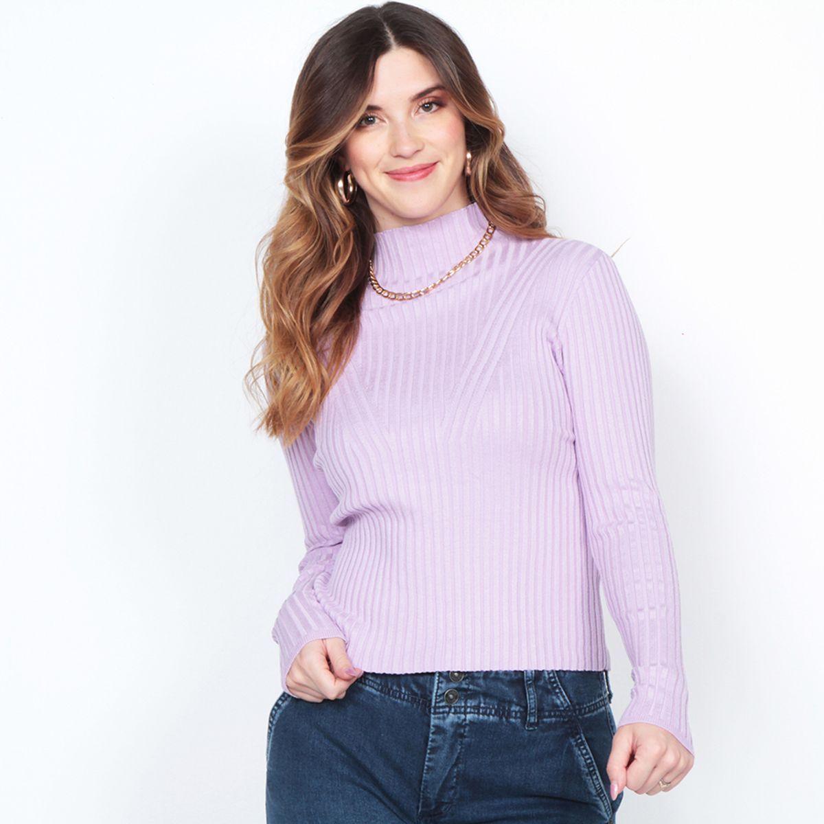 Sweater Manga    Larga Solido Con Cuello Alto-0