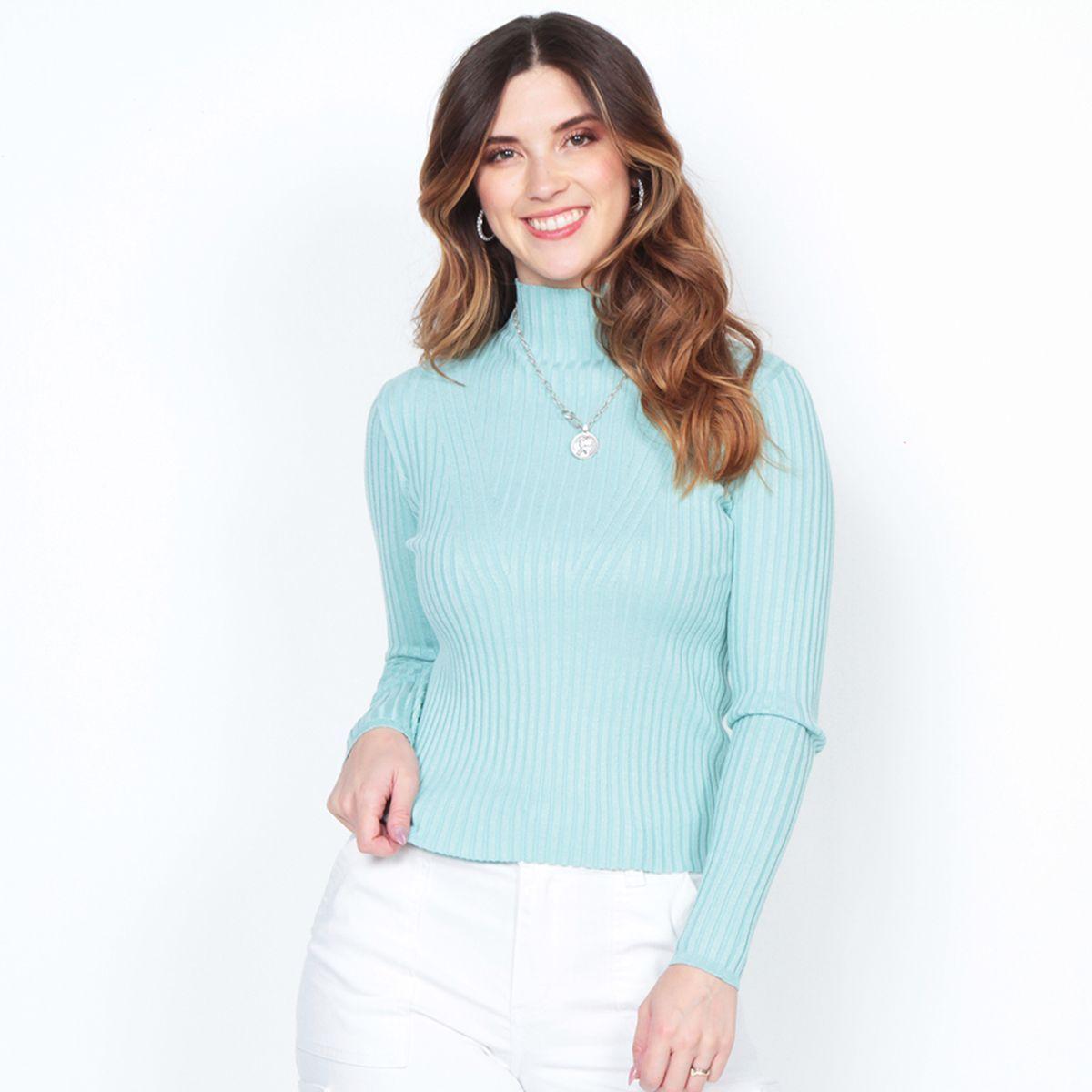 Sweater Manga    Larga Solido Con Cuello Alto-0