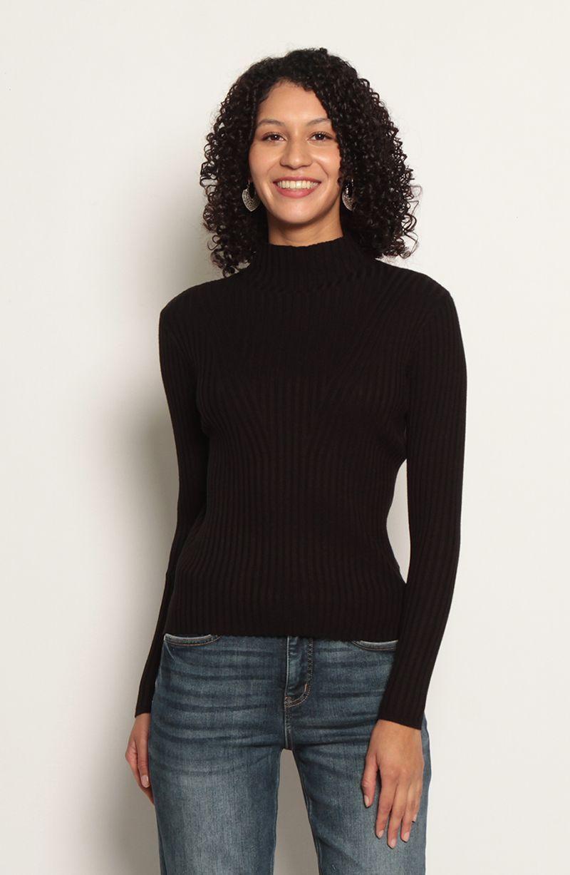 Sweater Manga    Larga Solido Con Cuello Alto-0