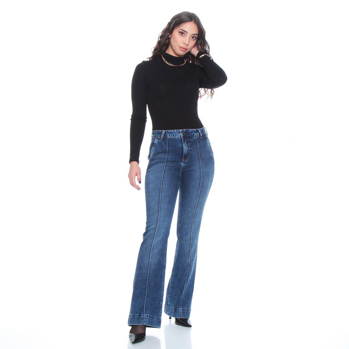 Jeans Flare Tiro Alto Con Alforza Pretina Un Boton Bolsillo Argentino-2