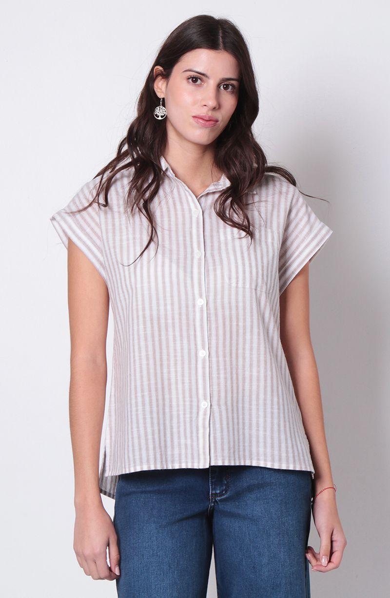 Blusa  Listada Manga Corta Abotonada En Delantero-0