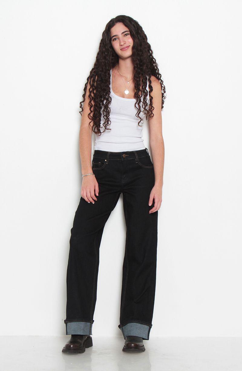 Jeans Wide Leg  Cuffed  Tiro Alto Pretina Basica 1 Boton-7