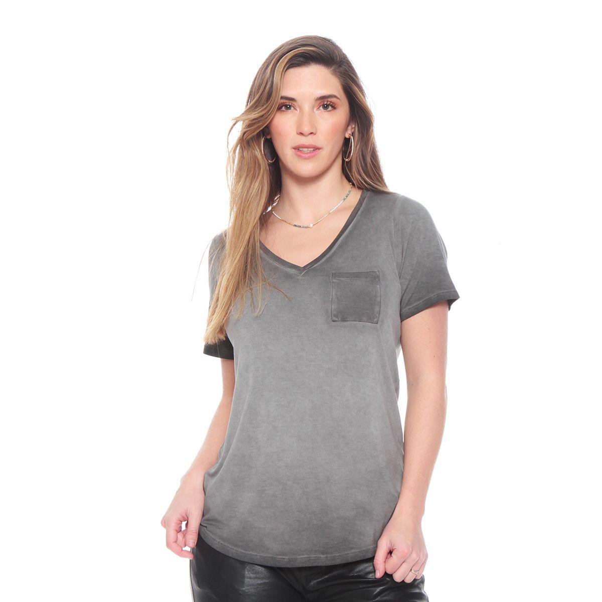 Polera Basica Escote V Manga Corta Acid Wash Con Bolsillo-0