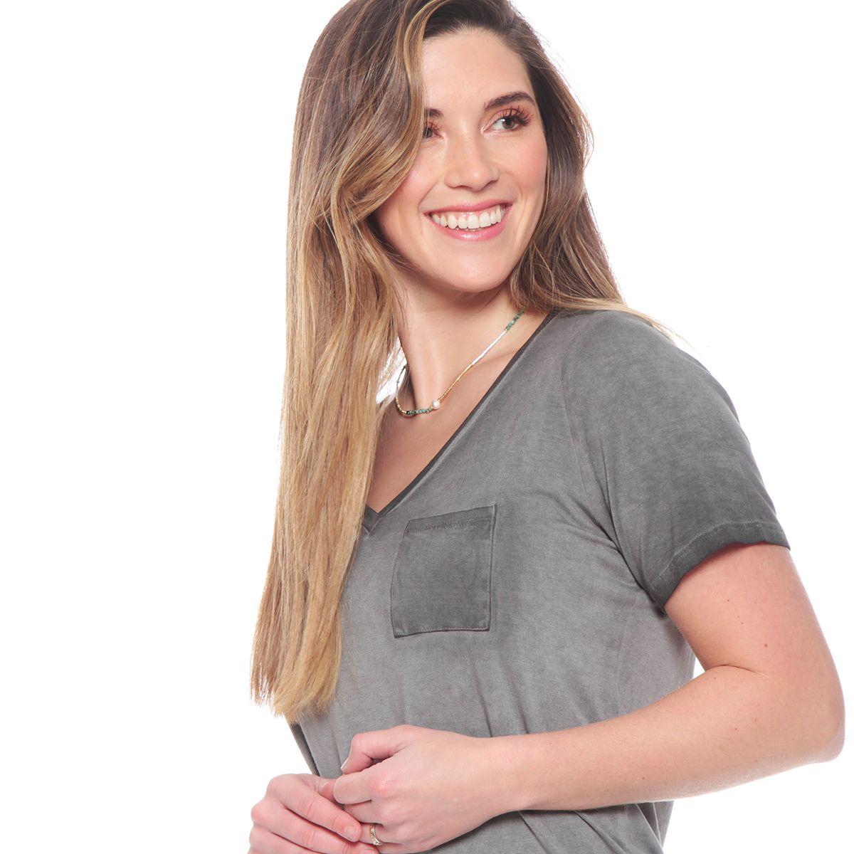 Polera Basica Escote V Manga Corta Acid Wash Con Bolsillo-1