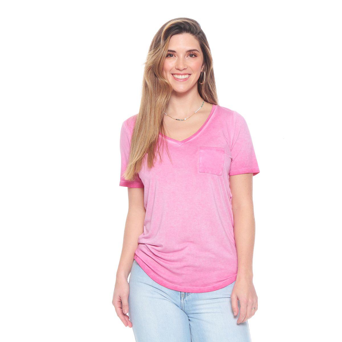 Polera Basica Escote V Manga Corta Acid Wash Con Bolsillo-0