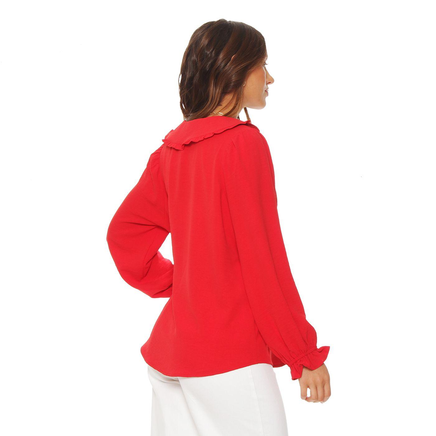 Blusa Manga Larga Con Cuello Abotonada En Delantero-5