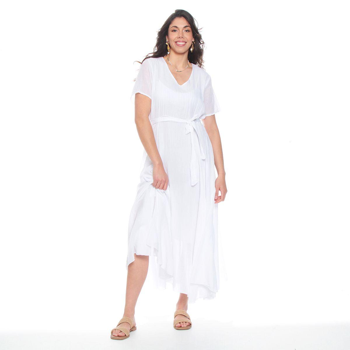 Vestido Manga Corta Solido Escote V Con Lazo En Cintura-0