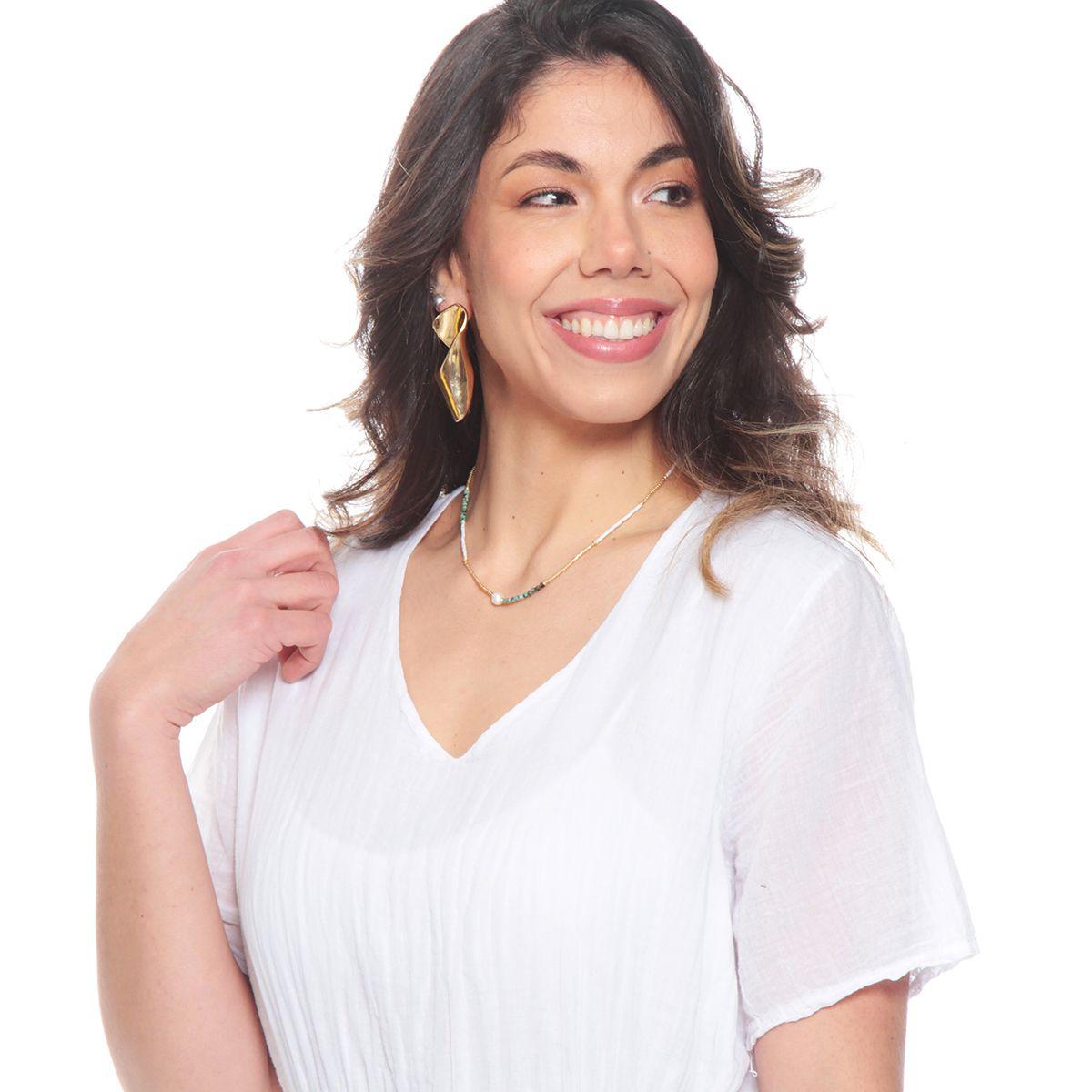 Vestido Manga Corta Solido Escote V Con Lazo En Cintura-3