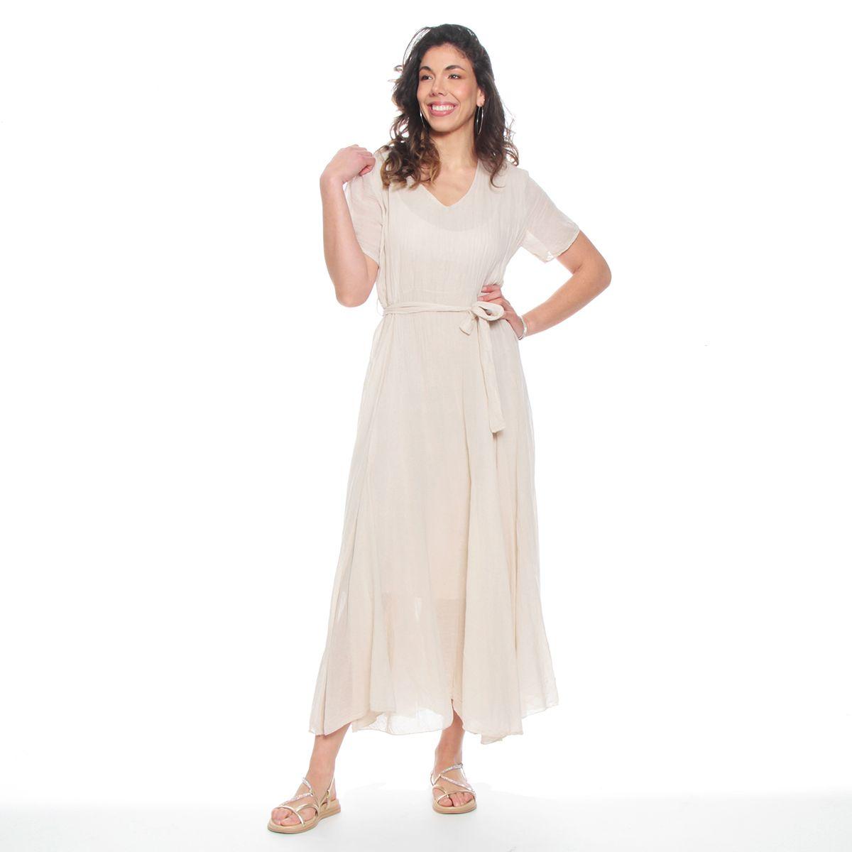 Vestido Manga Corta Solido Escote V Con Lazo En Cintura-0