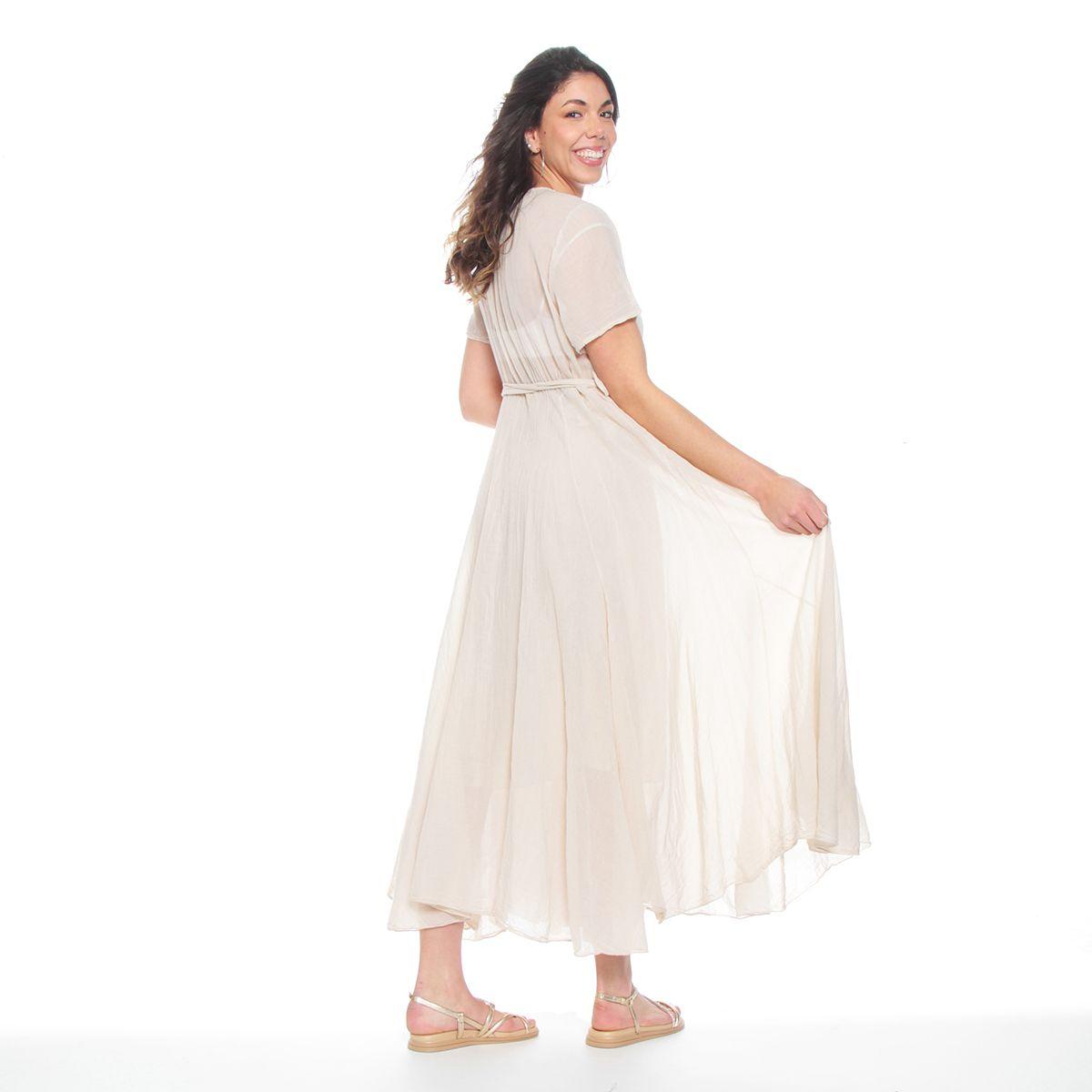 Vestido Manga Corta Solido Escote V Con Lazo En Cintura-1