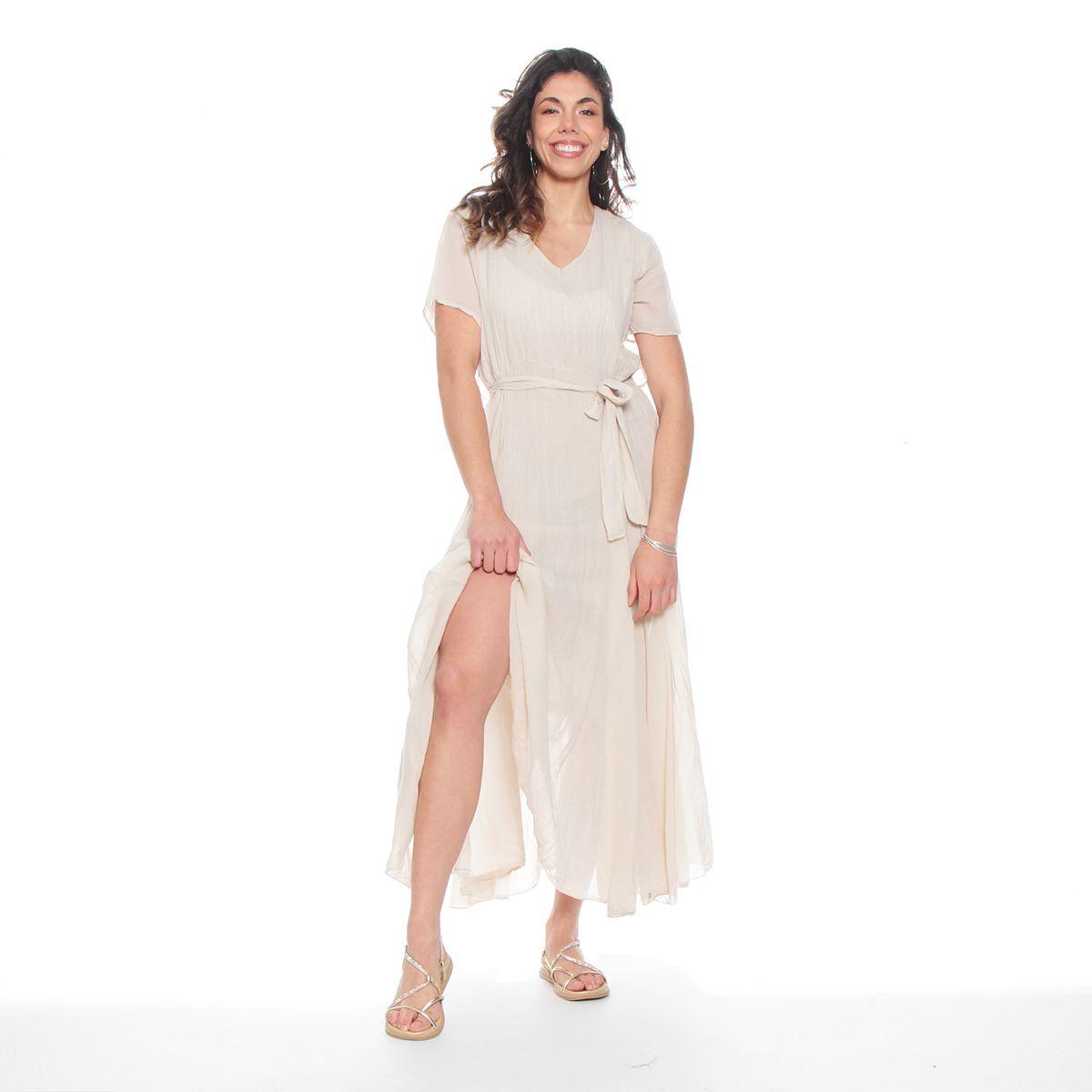 Vestido Manga Corta Solido Escote V Con Lazo En Cintura-4