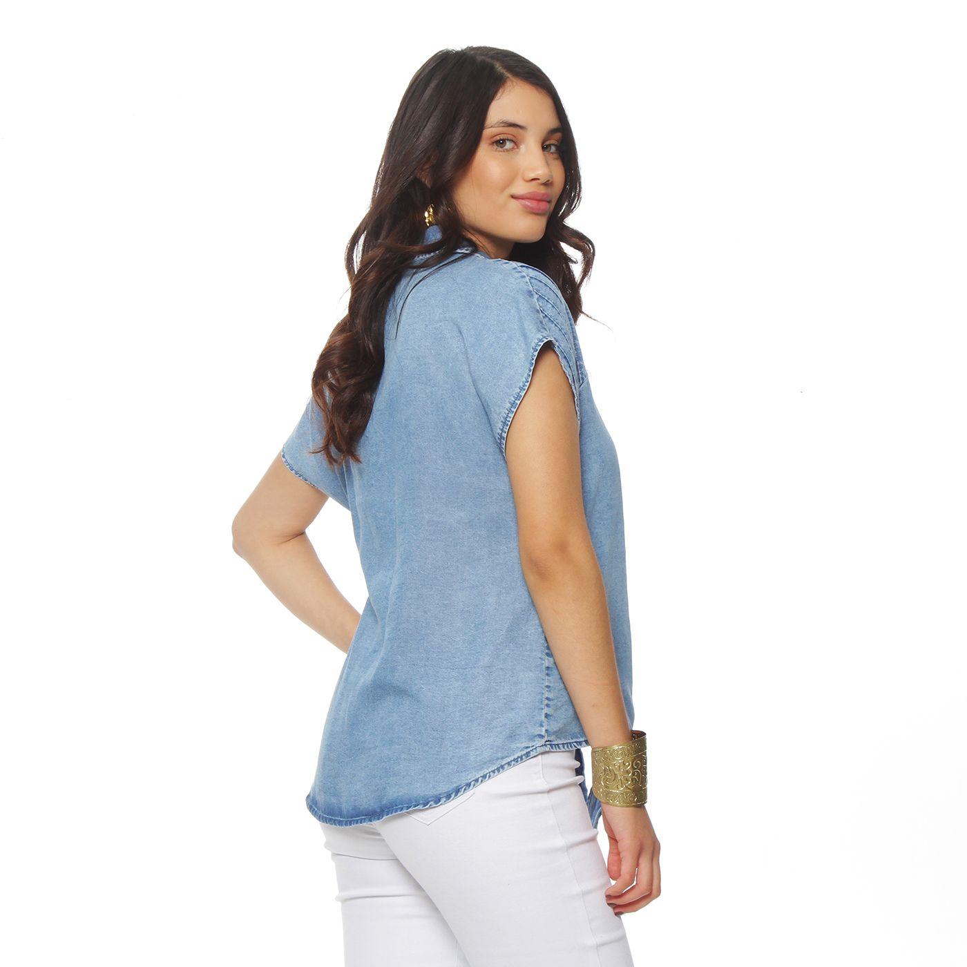 Blusa Lyocell Manga Corta Abotonada En Delantero Con Bolsillo-3