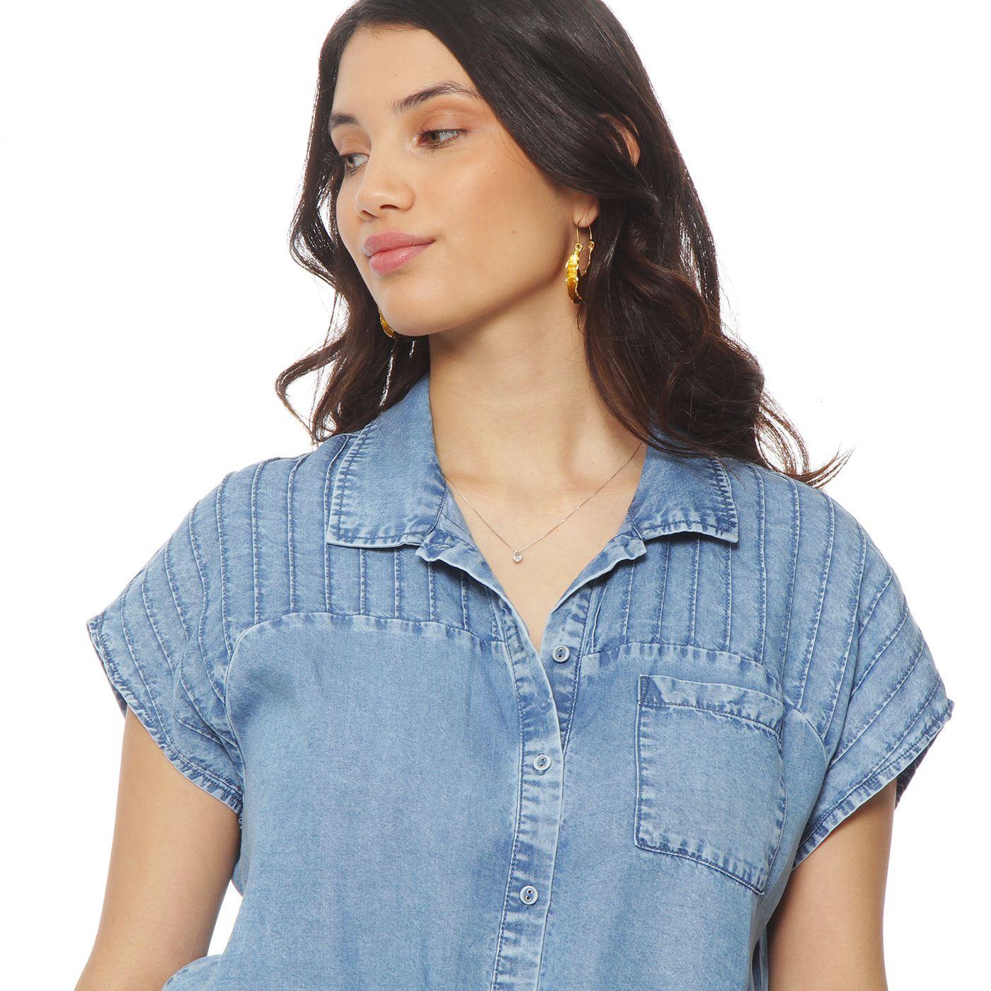 Blusa Lyocell Manga Corta Abotonada En Delantero Con Bolsillo-4
