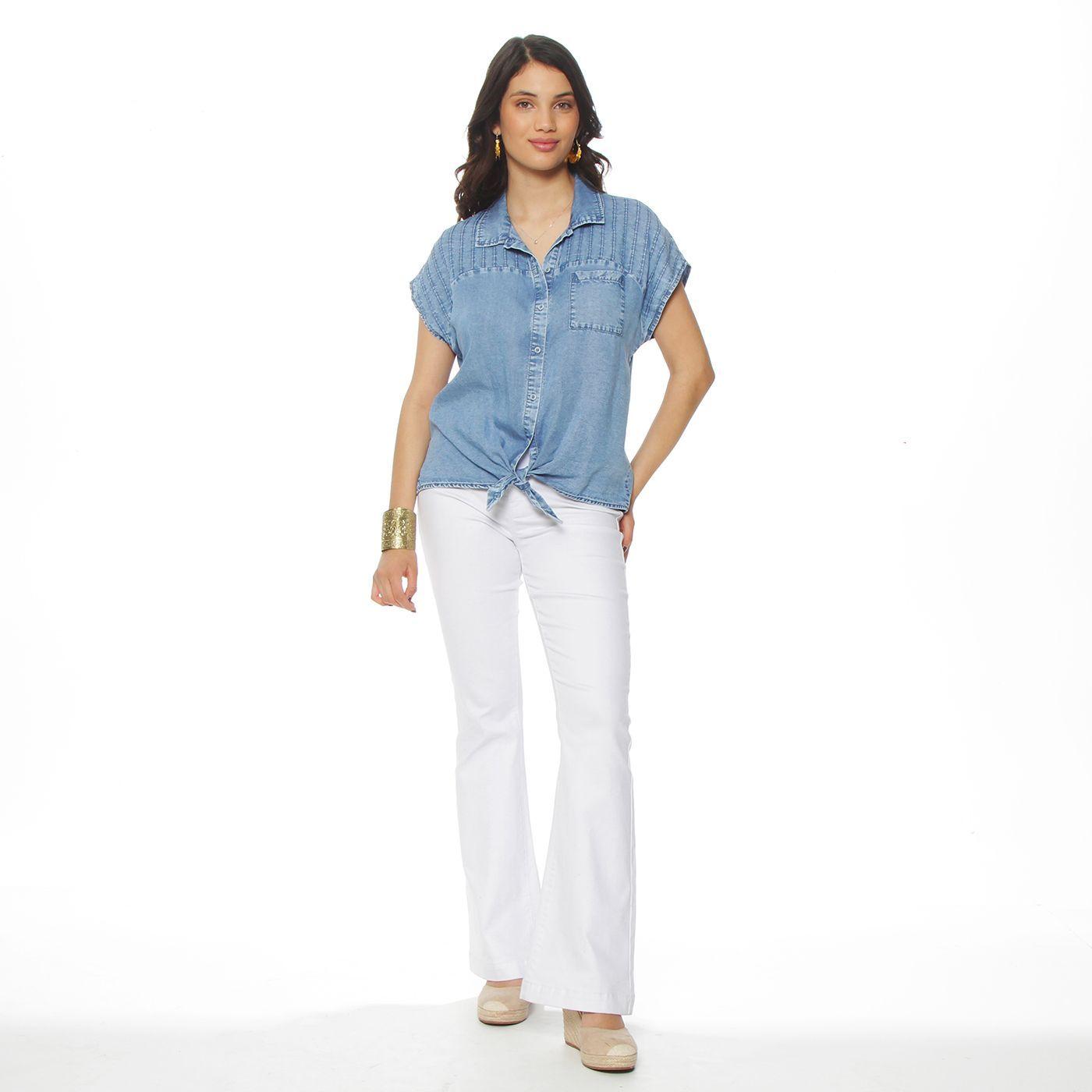 Blusa Lyocell Manga Corta Abotonada En Delantero Con Bolsillo-1
