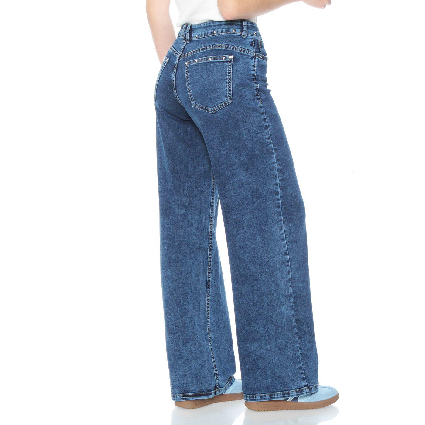 Jeans Recto Tiro Alto Pretina Basica 1 Boton Aplicacion Tachas-3