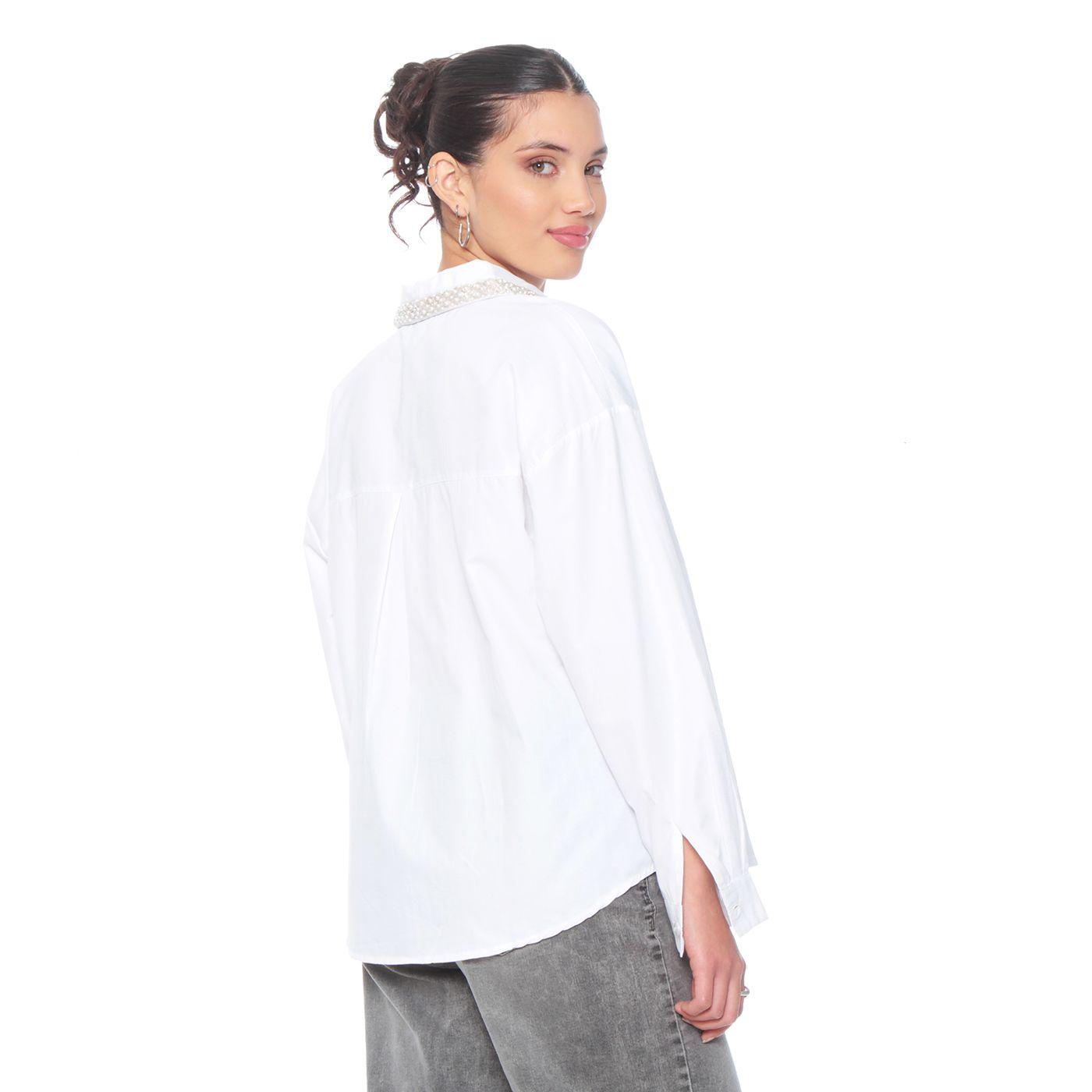 Blusa Manga Larga Abotonada En Delantero Y Aplicacion En Cuello-5