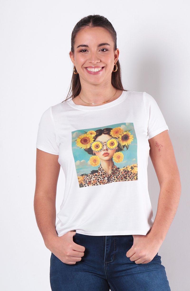 Polera Manga Corta   Con Estampado Girasoles-0
