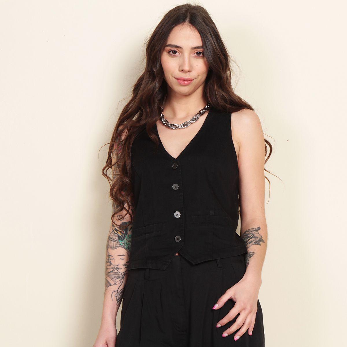 Vest Sin Manga Denim Abotonado En Delanteroq-4