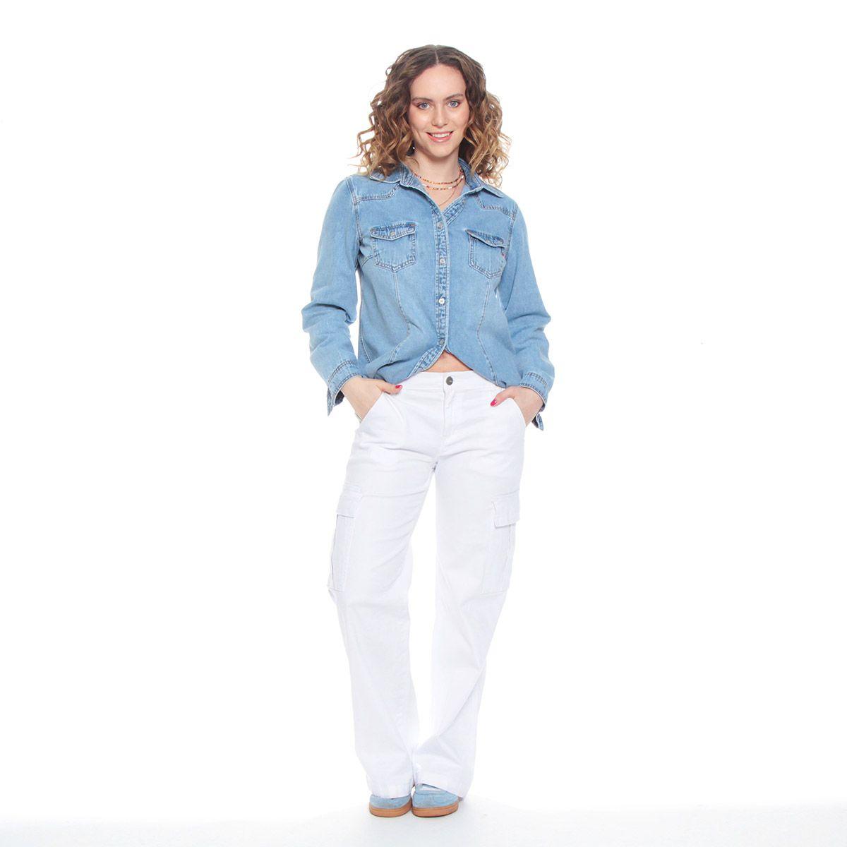 Blusa Manga Larga Denim Con Bolsillo Y Tapaeta Abrochada En El Frente-2