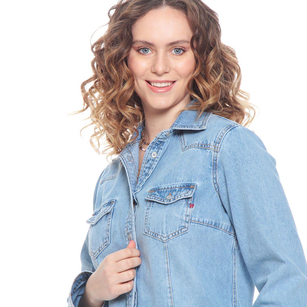 Blusa Manga Larga Denim Con Bolsillo Y Tapaeta Abrochada En El Frente-3