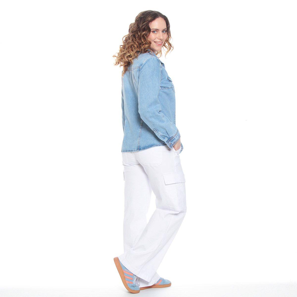 Blusa Manga Larga Denim Con Bolsillo Y Tapaeta Abrochada En El Frente-5