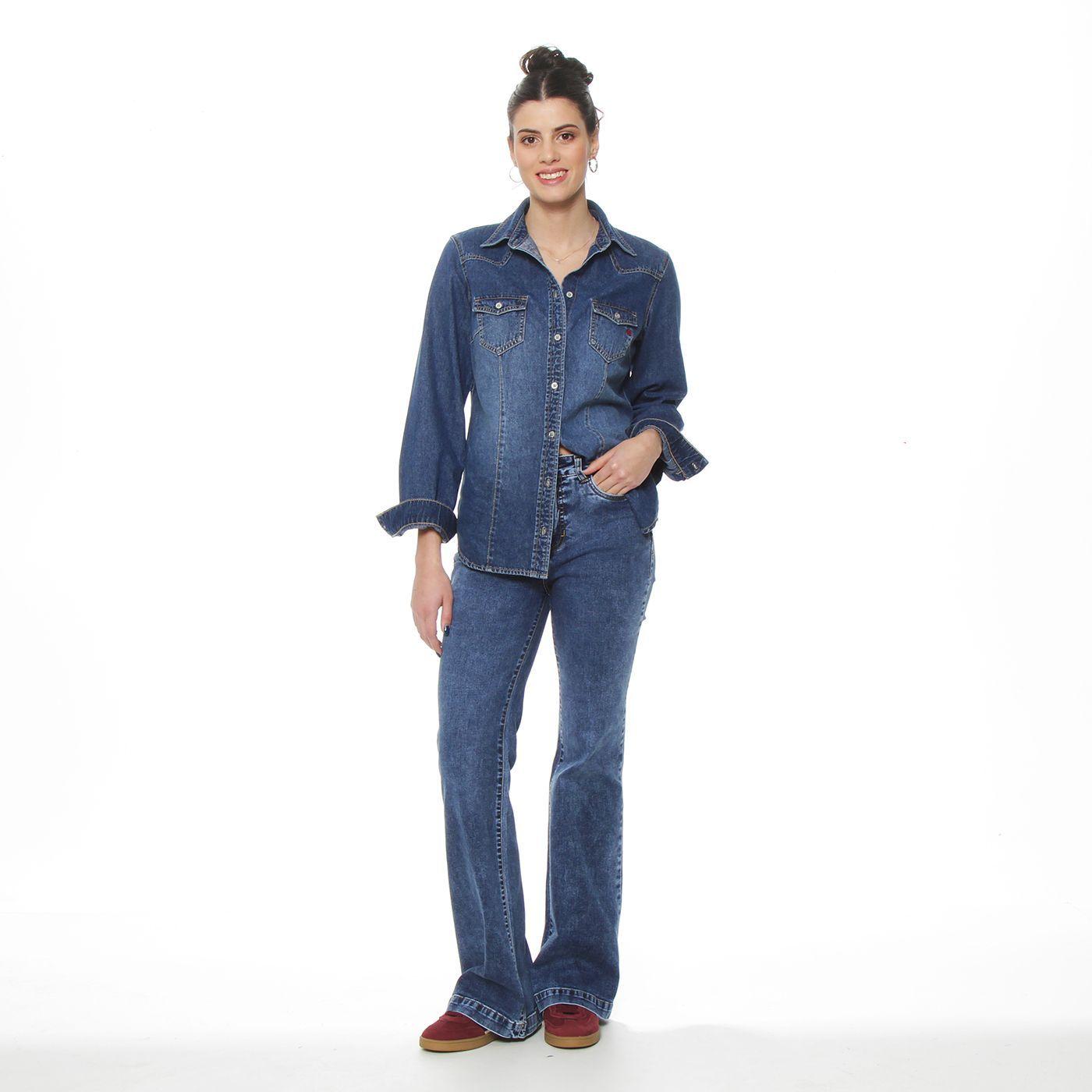 Blusa Manga Larga Denim Con Bolsillo Y Tapaeta Abrochada En El Frente-3