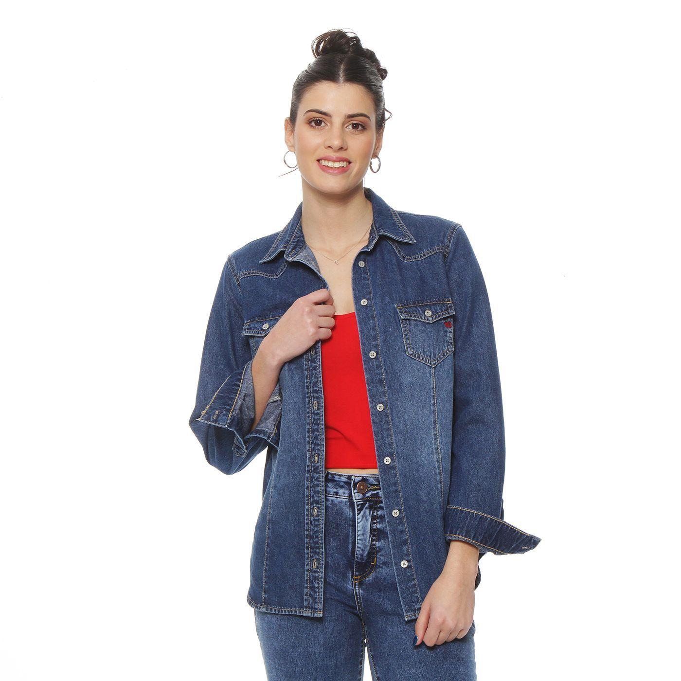Blusa Manga Larga Denim Con Bolsillo Y Tapaeta Abrochada En El Frente-4