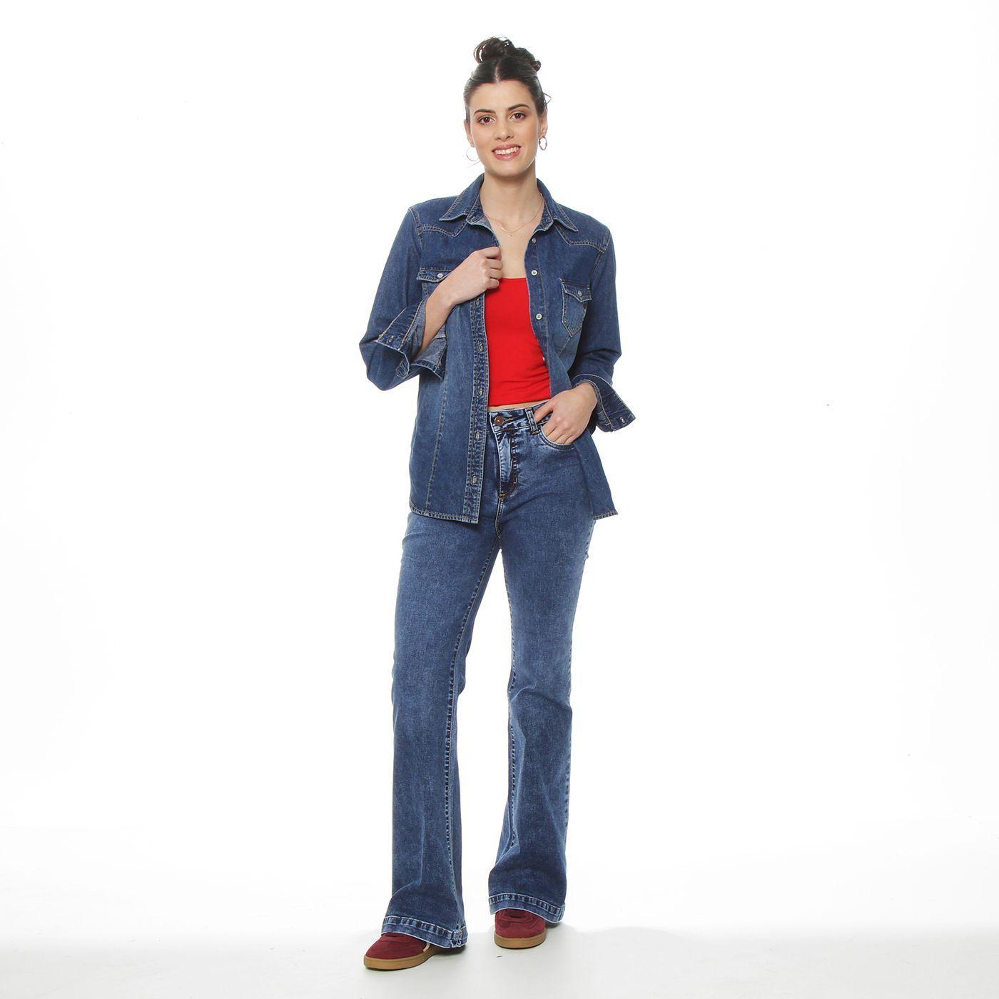 Blusa Manga Larga Denim Con Bolsillo Y Tapaeta Abrochada En El Frente-5