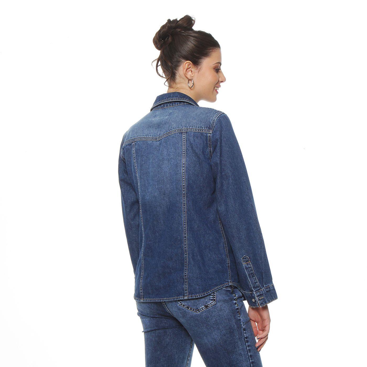 Blusa Manga Larga Denim Con Bolsillo Y Tapaeta Abrochada En El Frente-6