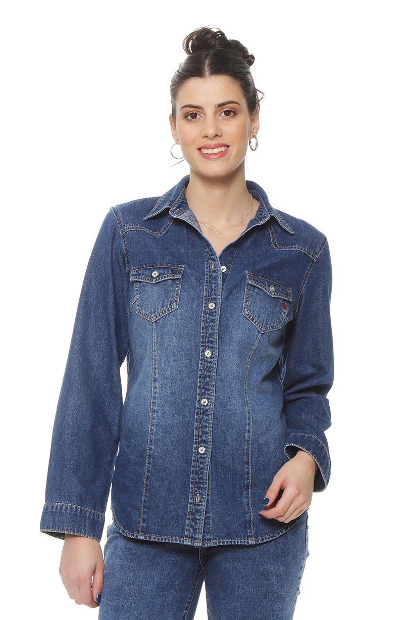 Blusa Manga Larga Denim Con Bolsillo Y Tapaeta Abrochada En El Frente-0