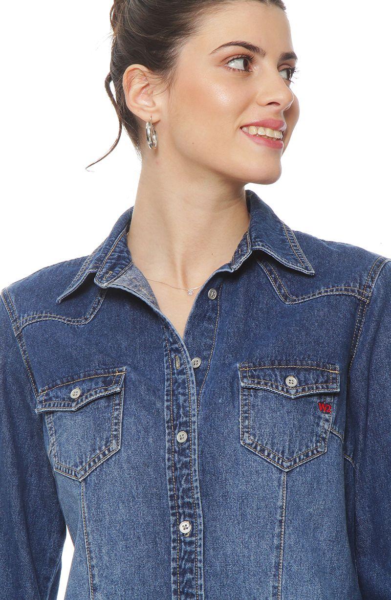 Blusa Manga Larga Denim Con Bolsillo Y Tapaeta Abrochada En El Frente-1