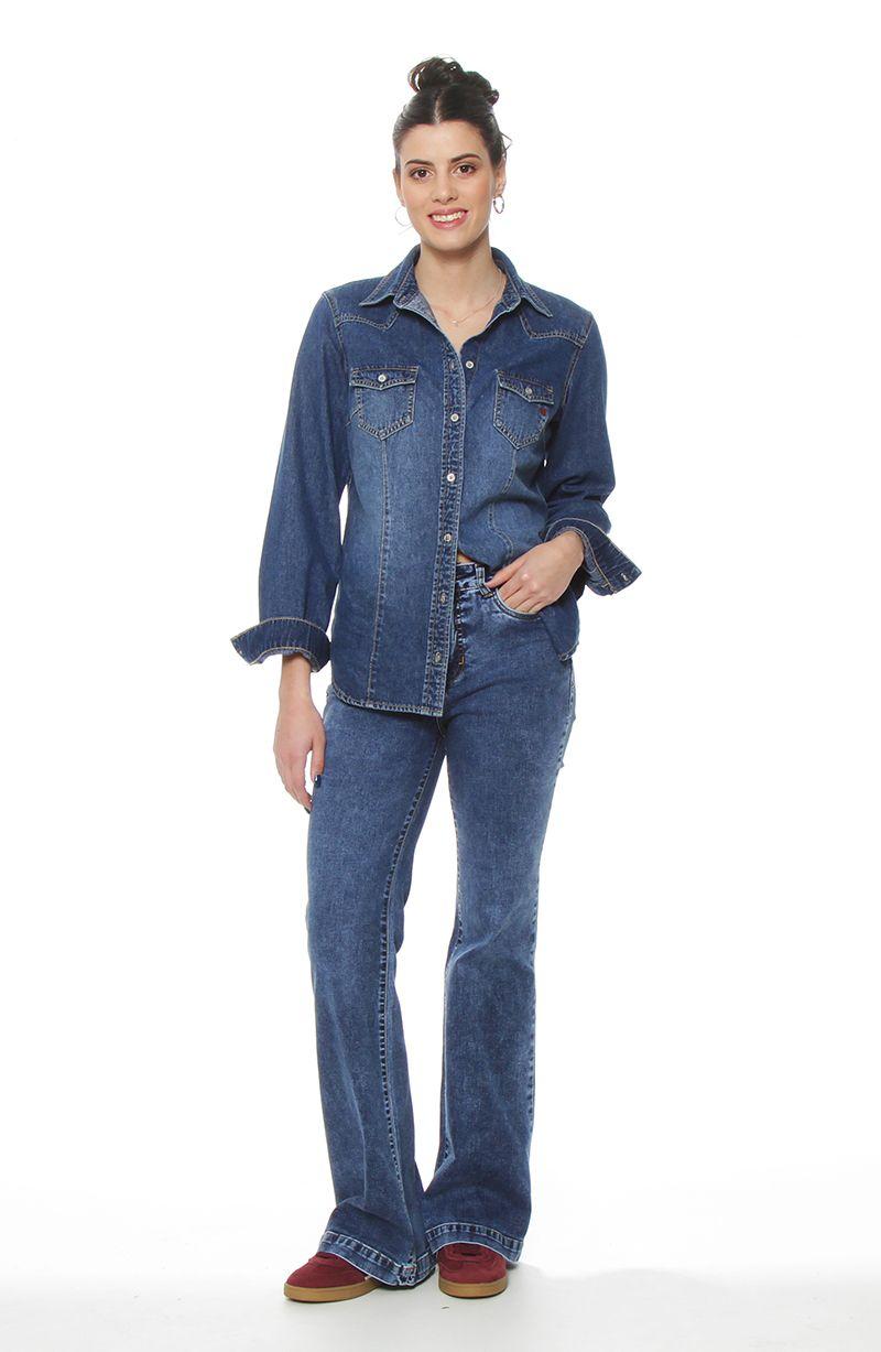 Blusa Manga Larga Denim Con Bolsillo Y Tapaeta Abrochada En El Frente-2
