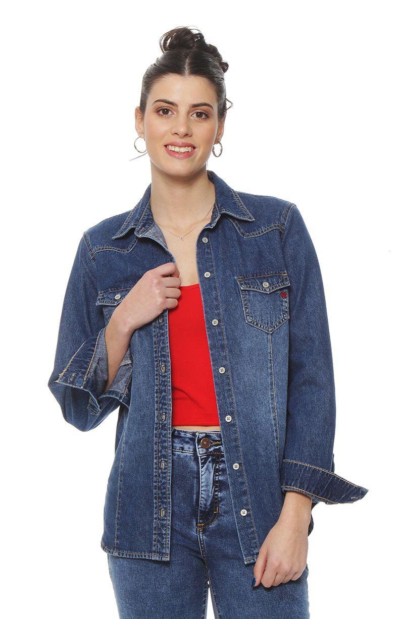 Blusa Manga Larga Denim Con Bolsillo Y Tapaeta Abrochada En El Frente-3