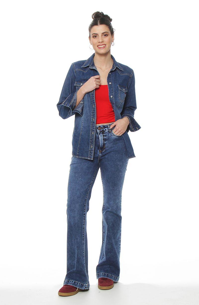 Blusa Manga Larga Denim Con Bolsillo Y Tapaeta Abrochada En El Frente-4