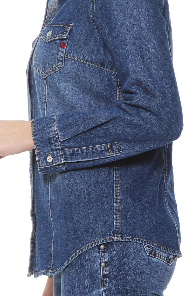 Blusa Manga Larga Denim Con Bolsillo Y Tapaeta Abrochada En El Frente-5