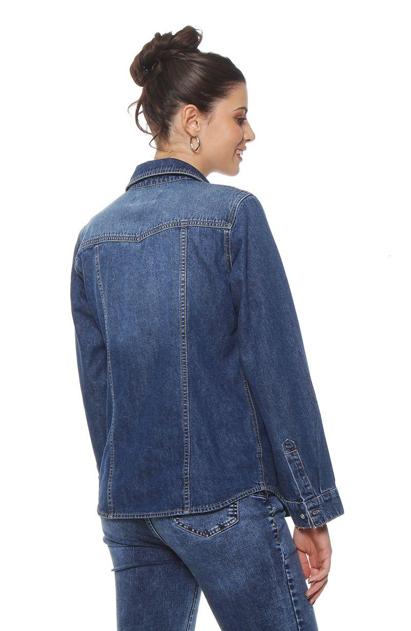 Blusa Manga Larga Denim Con Bolsillo Y Tapaeta Abrochada En El Frente-6