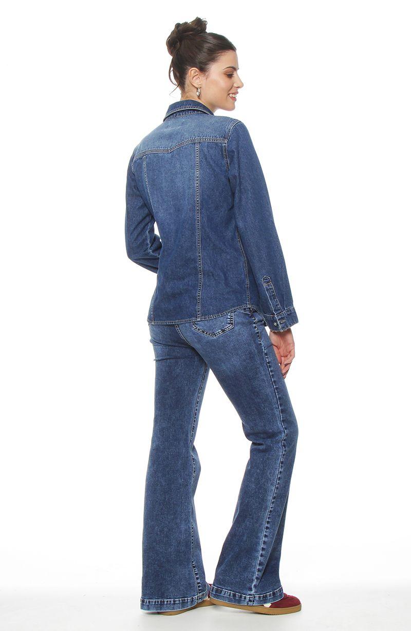 Blusa Manga Larga Denim Con Bolsillo Y Tapaeta Abrochada En El Frente-7