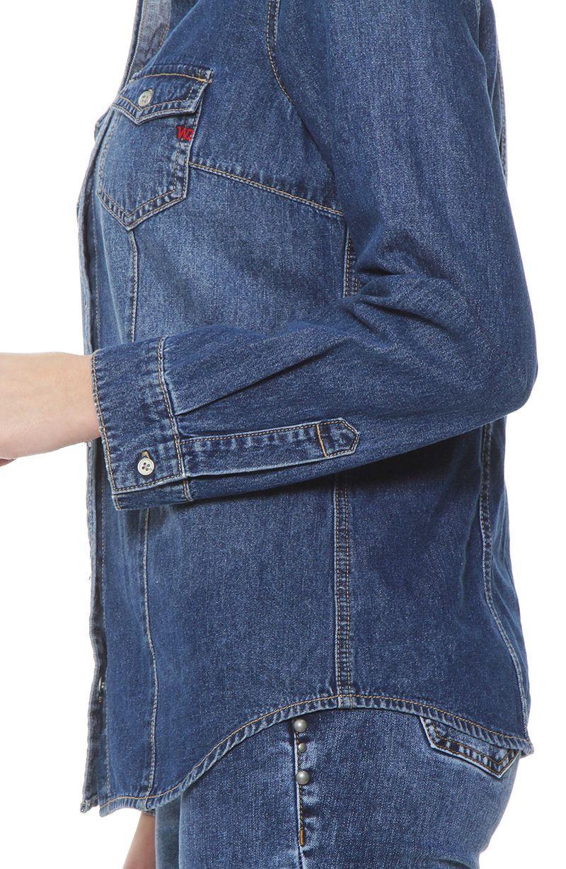 Blusa Manga Larga Denim Con Broche En Delantero Y Bolsillo Con Tapeta-5