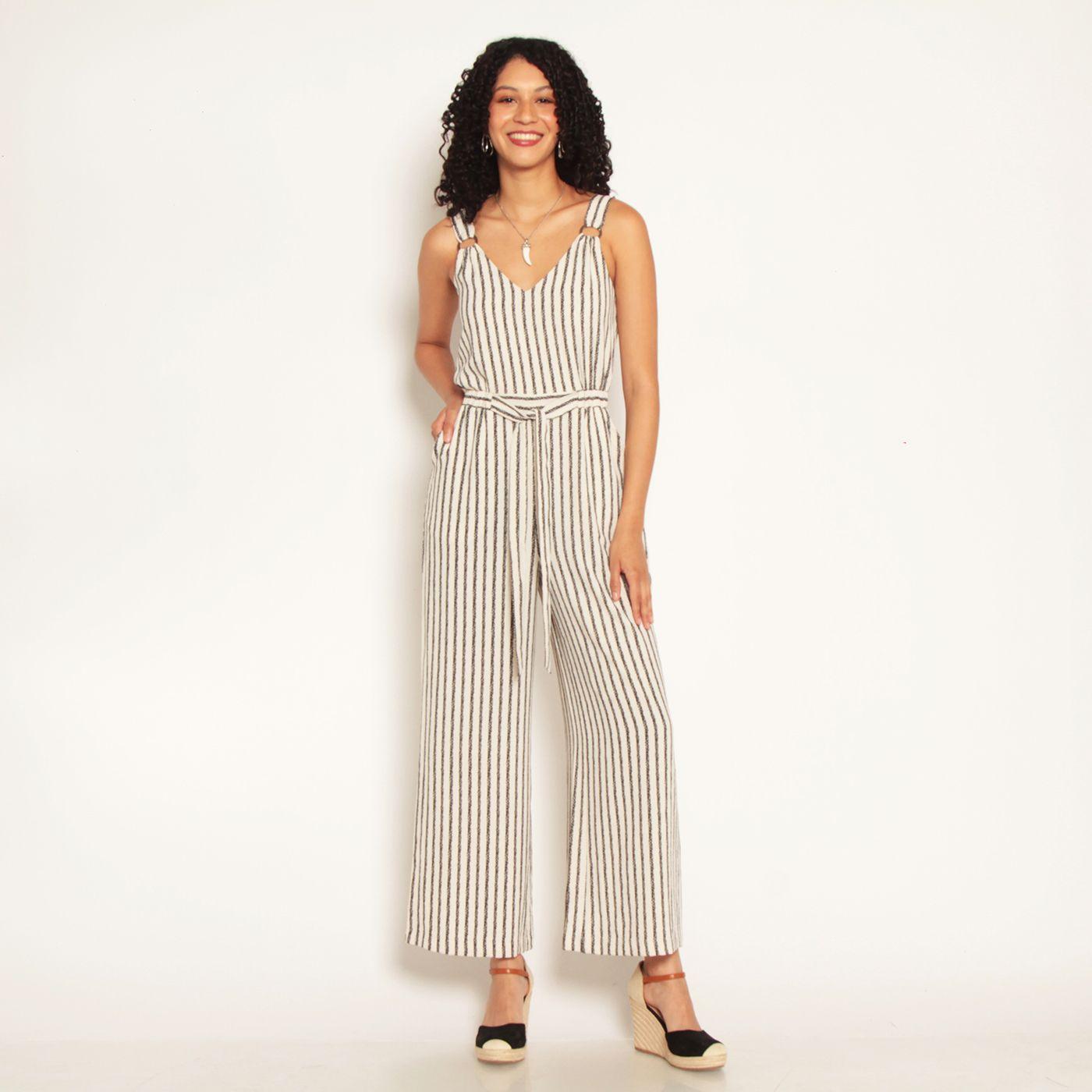 Enterito Sin Manga Listado Con Lazo En Cintura Y Escote V-3