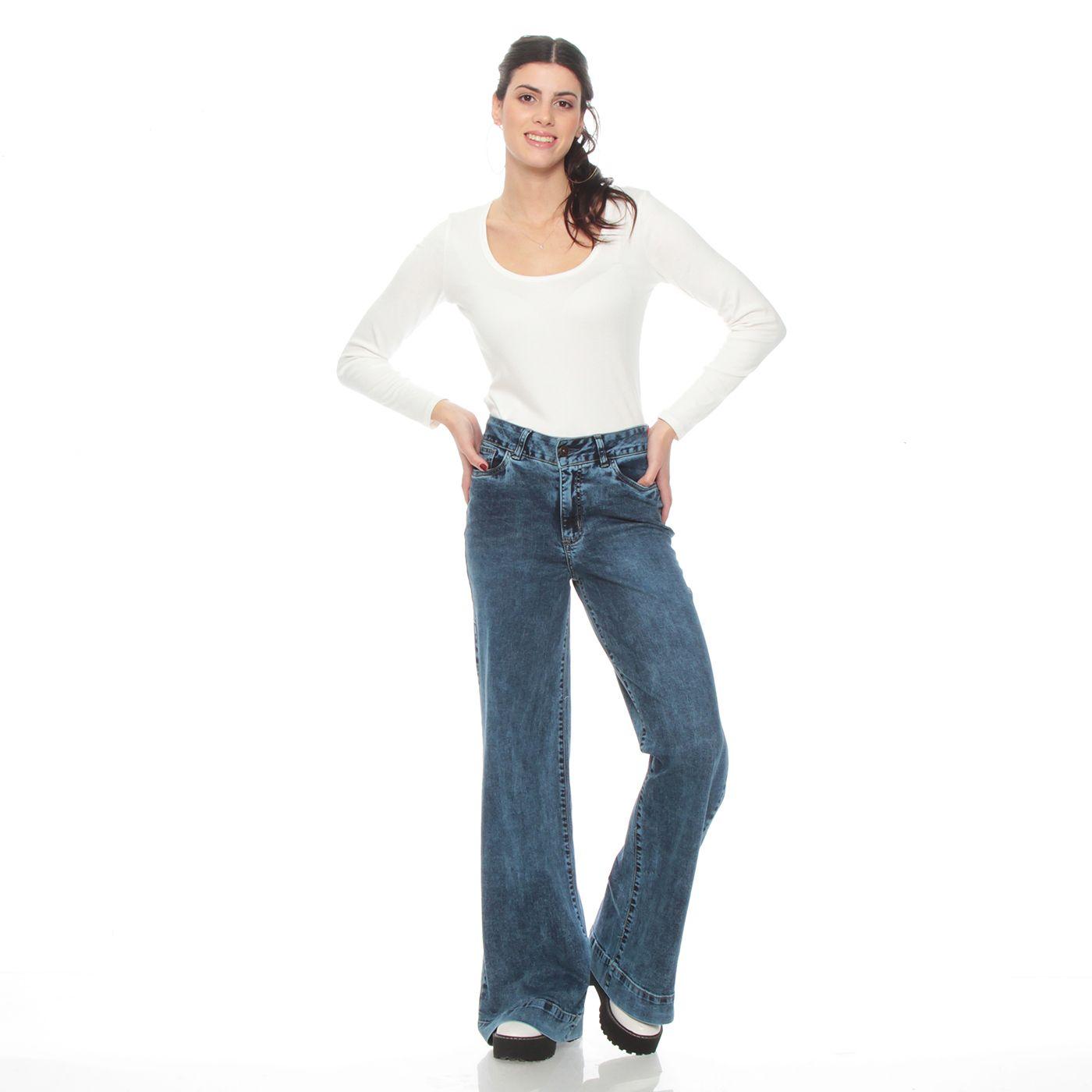 Jeans Wide Leg Tiro Alto Pretina Basica 1 Boton Push Up-3