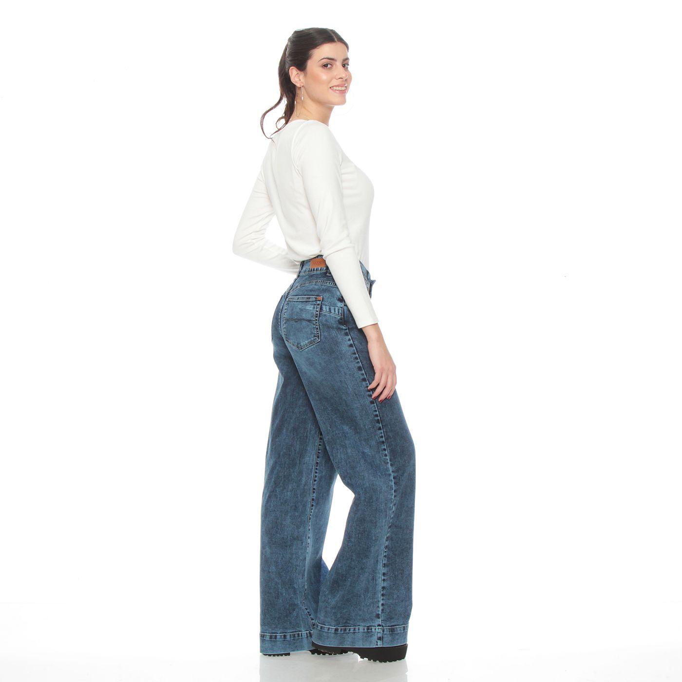 Jeans Wide Leg Tiro Alto Pretina Basica 1 Boton Push Up-6