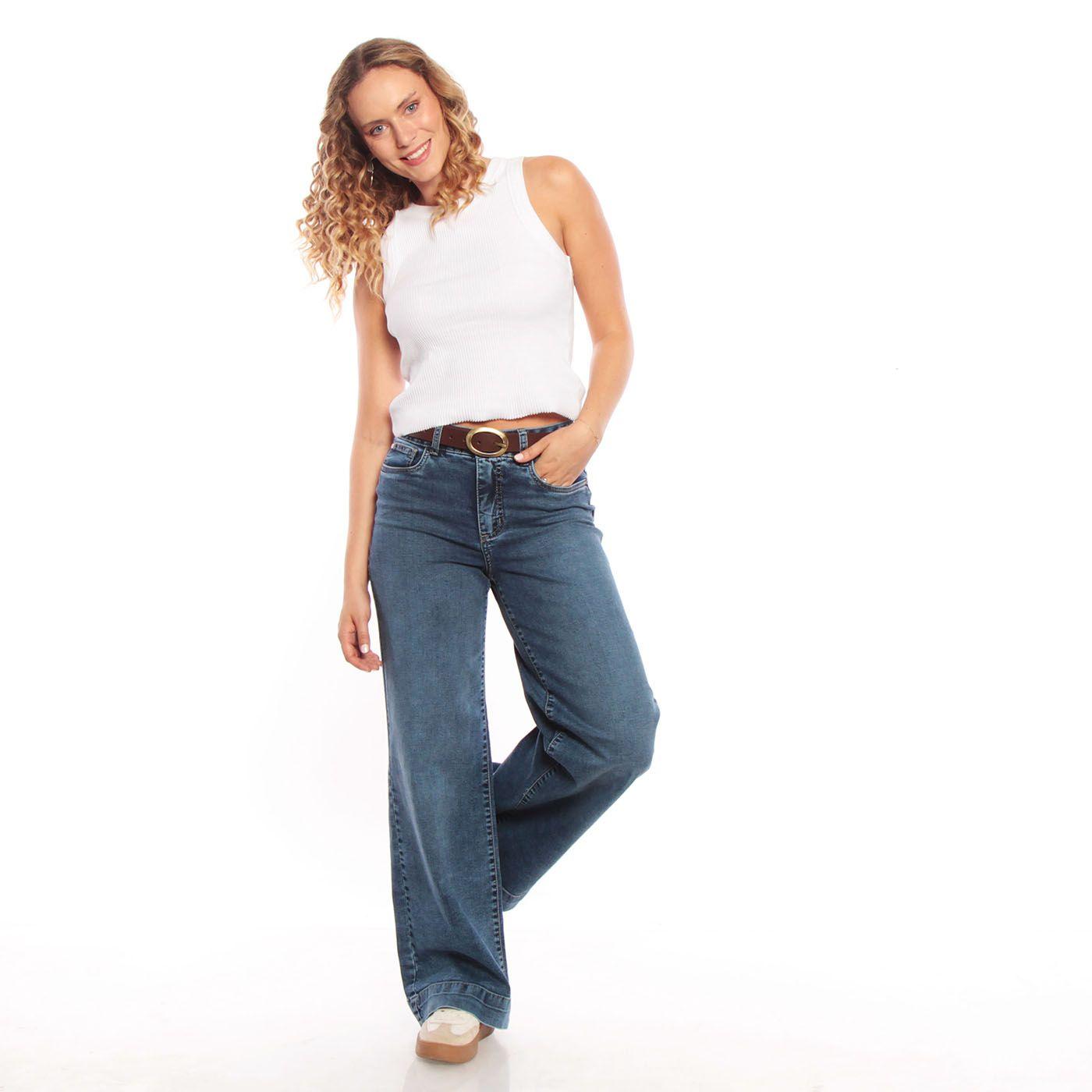 Jeans Wide Leg Tiro Alto Pretina Basica 1 Boton Push Up-5