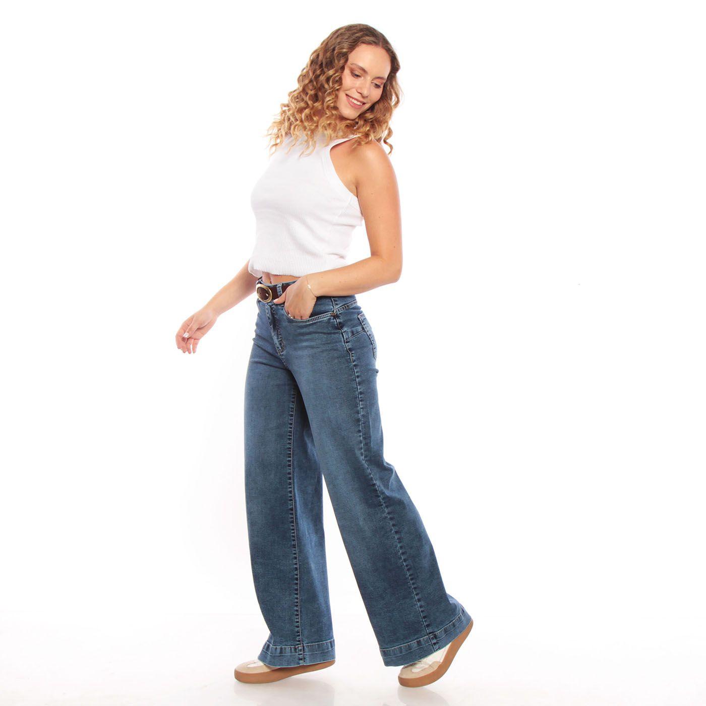 Jeans Wide Leg Tiro Alto Pretina Basica 1 Boton Push Up-7