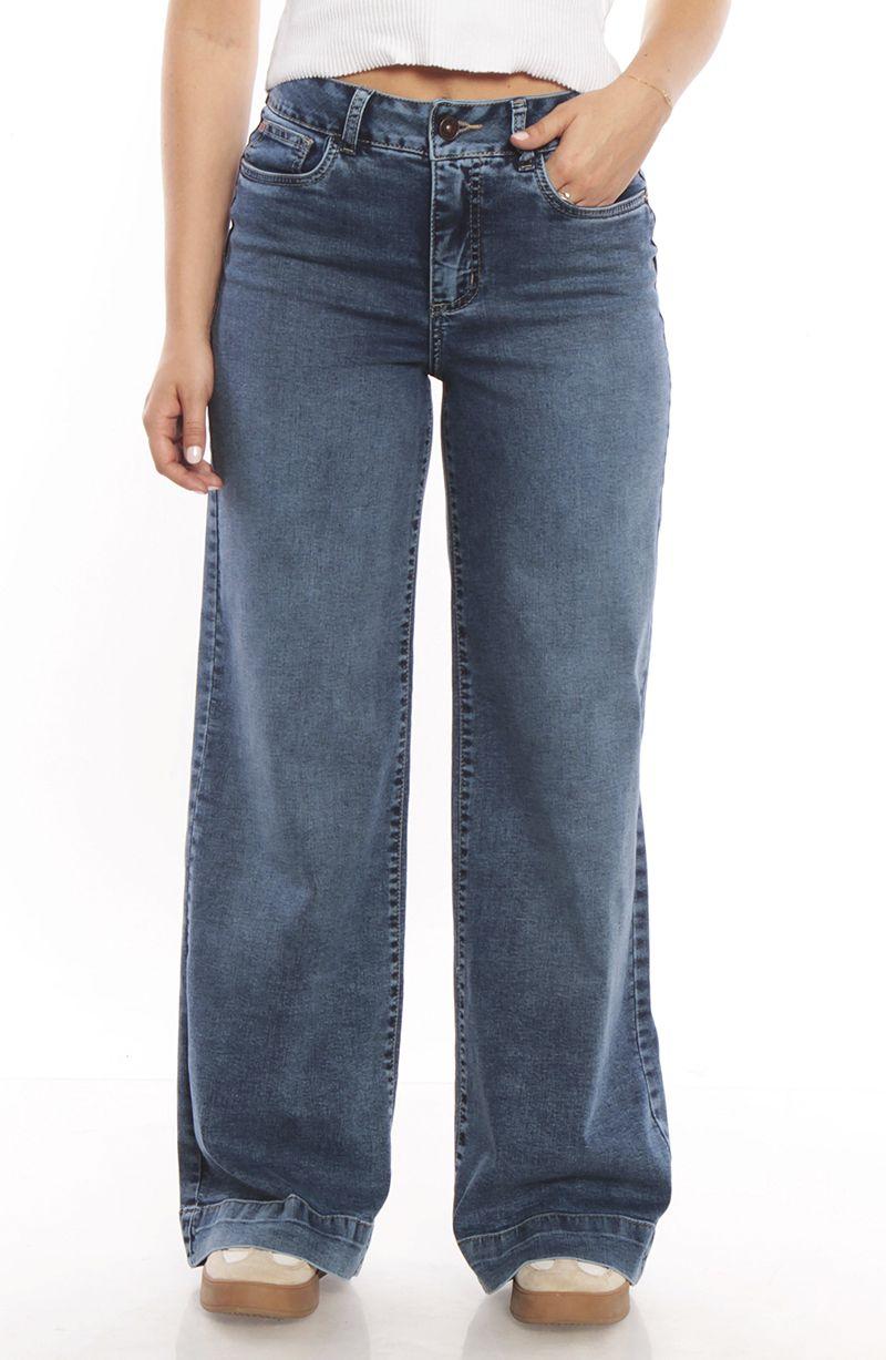 Jeans Wide Leg Tiro Alto Pretina Basica 1 Boton Push Up-0