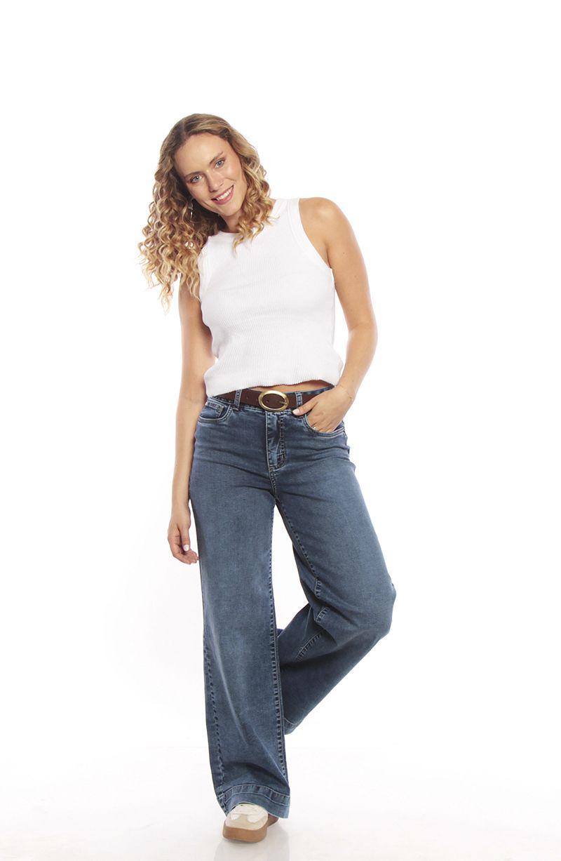 Jeans Wide Leg Tiro Alto Pretina Basica 1 Boton Push Up-6